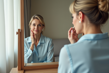 Femme élégante se maquillant devant un miroir lumineux