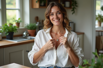 Femme souriante portant un pendentif de naissance dans une cuisine lumineuse