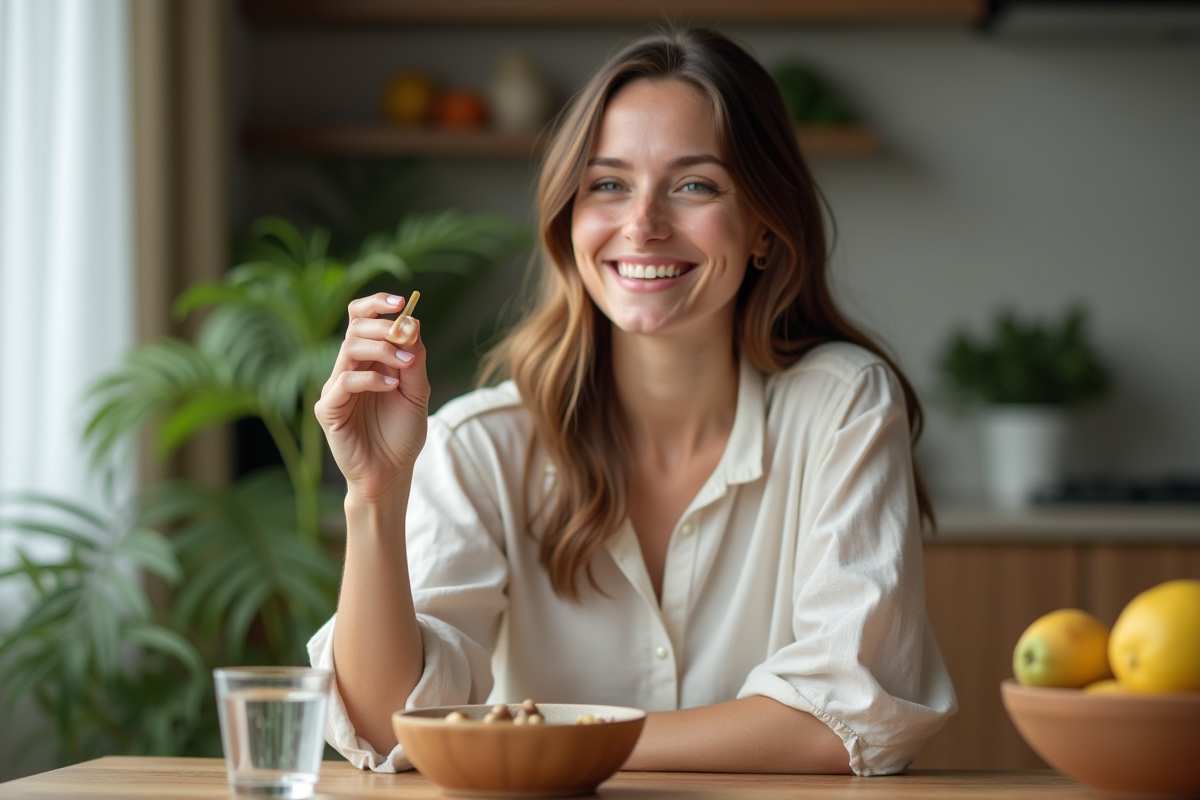 Femme souriante tenant une boisson de glof eau dans la cuisine