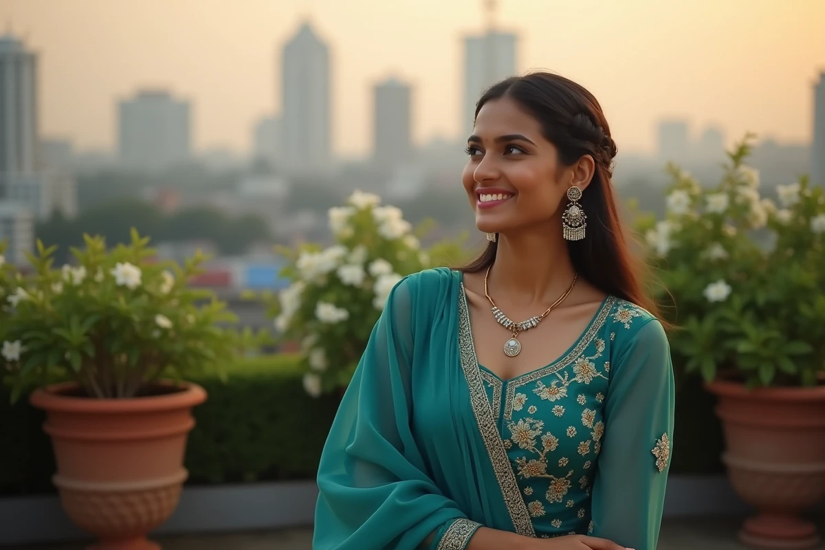 Femme bollywoodienne en anarkali turquoise sur un toit jardin à Mumbai avec vue sur la ville