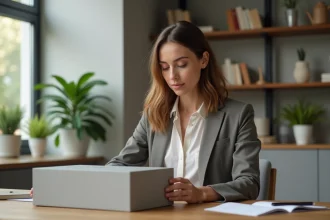Femme en bureau moderne examine un produit avec concentration