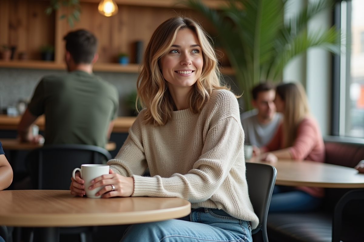 Femme souriante dans un café moderne avec mug en main