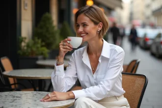 Femme élégante en café à Paris avec sourire réfléchi