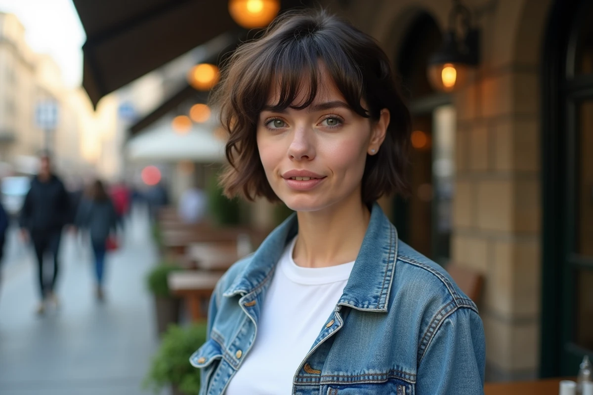 Femme debout pr&egrave;s d un caf&eacute; en ville