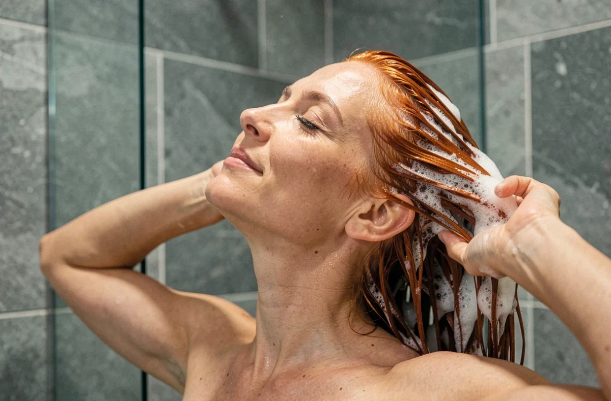 Femme aux cheveux cuivrés colorés se lavant les cheveux avec un shampoing protecteur dans une douche moderne en pierre