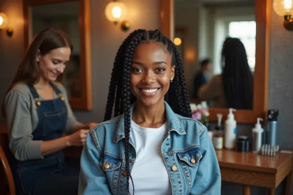Jeune femme souriante dans un salon de coiffure parisien