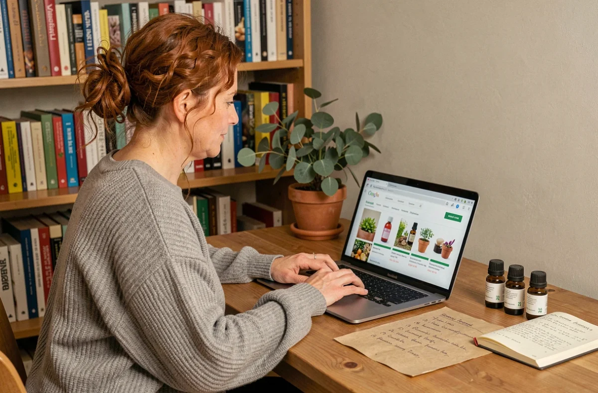 Femme consultant un site de vente d'ingrédients naturels en ligne pour préparer ses recettes beauté maison avec un code promo