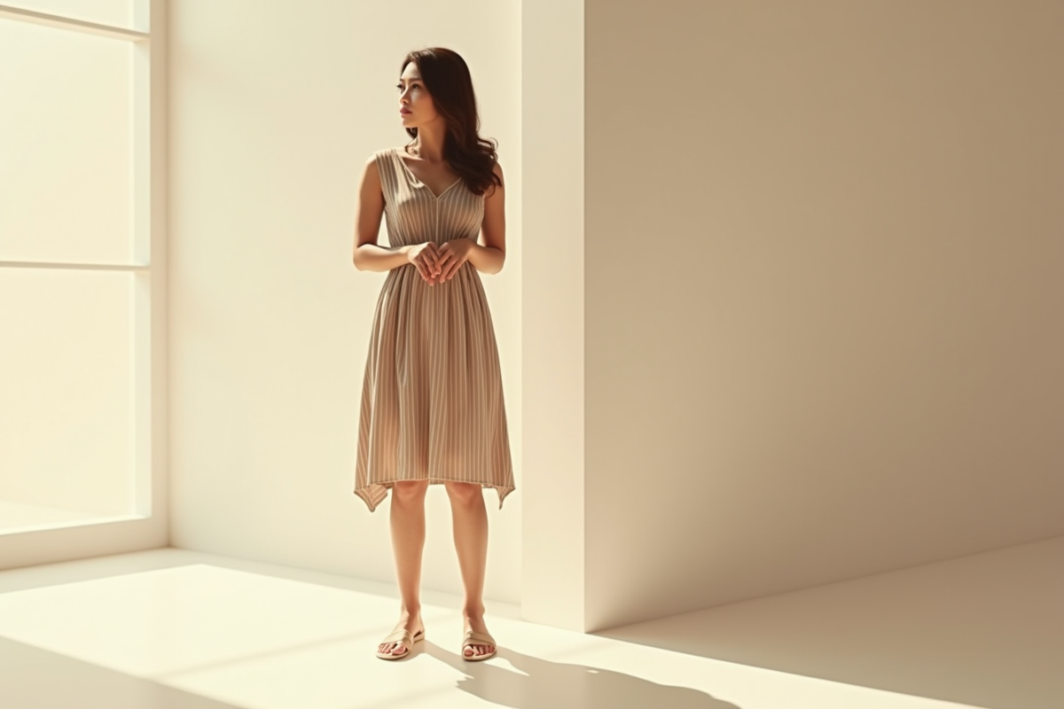 Femme confiante en robe rayée en lumière naturelle