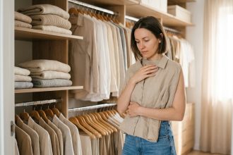 Femme qui examine un vêtement dans un dressing organisé avant de refaire sa garde-robe