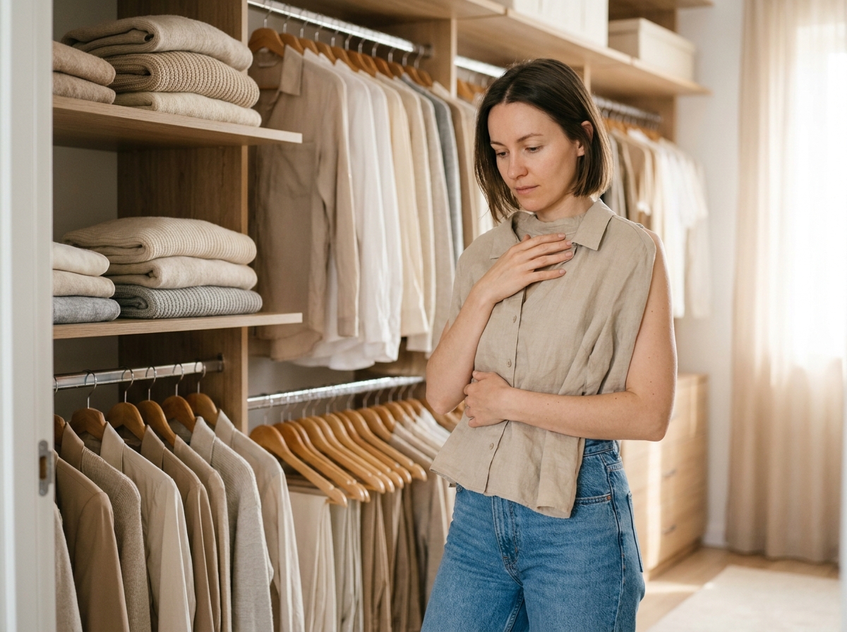 Femme qui examine un vêtement dans un dressing organisé avant de refaire sa garde-robe