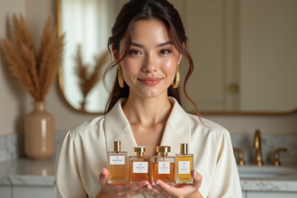 Femme élégante avec parfum et bijoux sophistiqués