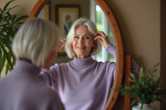 Femme élégante en turtleneck lavande se coiffant