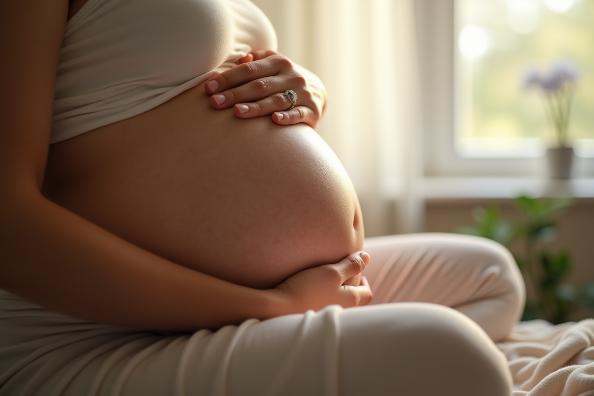 Femme enceinte reposant ses mains sur son ventre rond