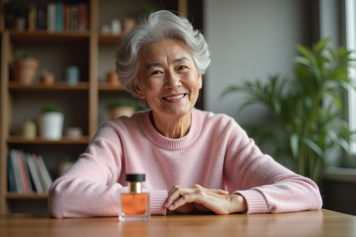 Femme testant un parfum floral dans un intérieur cosy