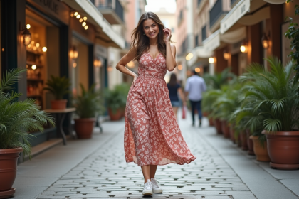 Femme souriante en robe fleurie dans une ville anim&eacute;e