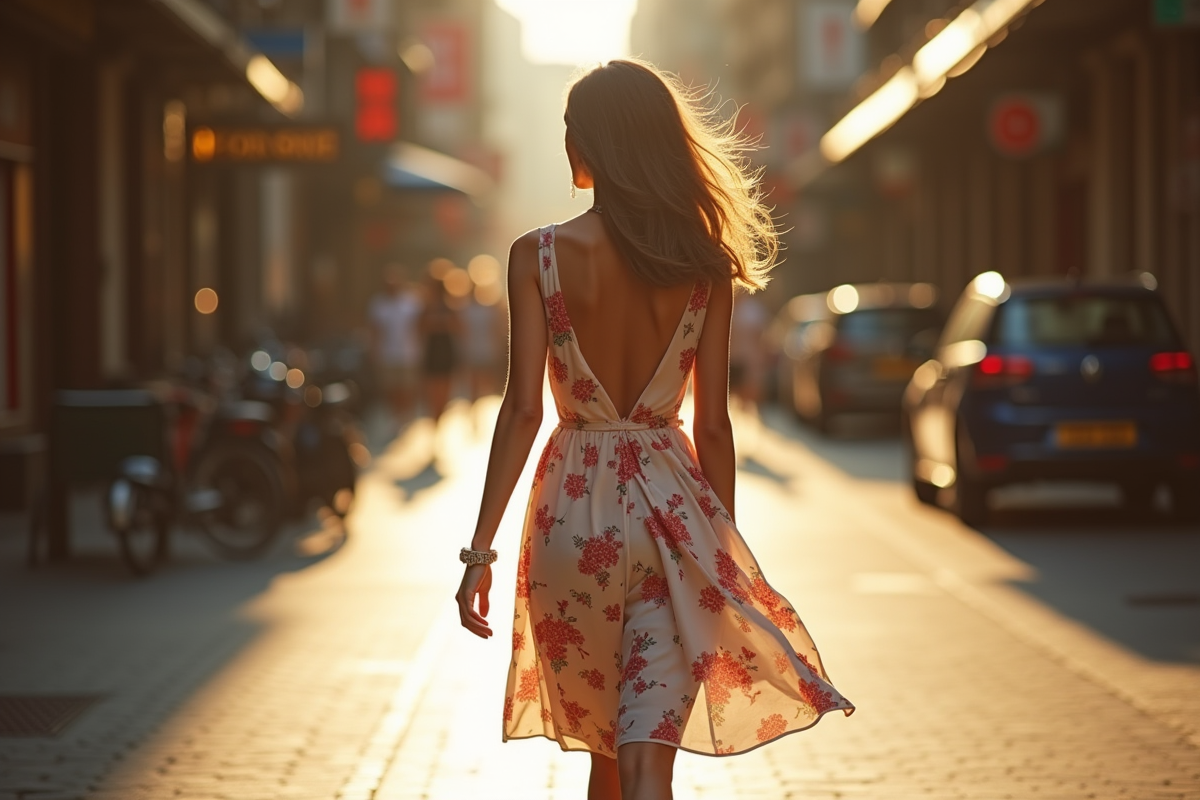 Femme en robe fleurie marchant dans une rue ensoleillee