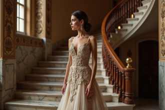 Femme élégante en robe de haute couture dans un manoir
