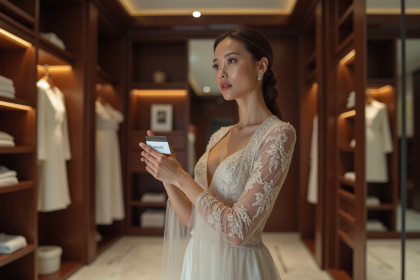 Femme élégante en robe haute couture dans un dressing