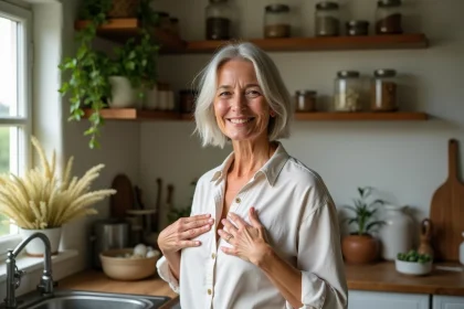 Femme souriante appliquant un compress herbal dans une cuisine rustique