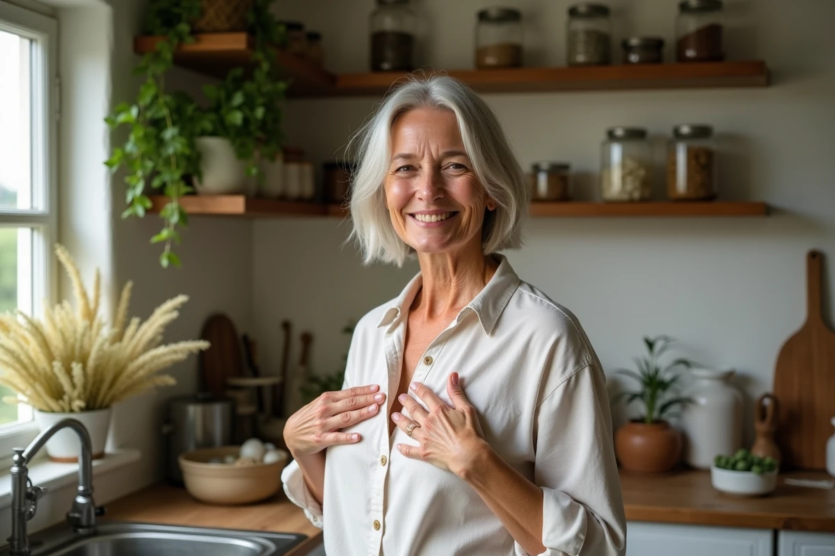 Femme souriante appliquant un compress herbal dans une cuisine rustique