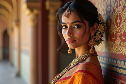 Jeune femme indienne en saree traditionnel devant un palais