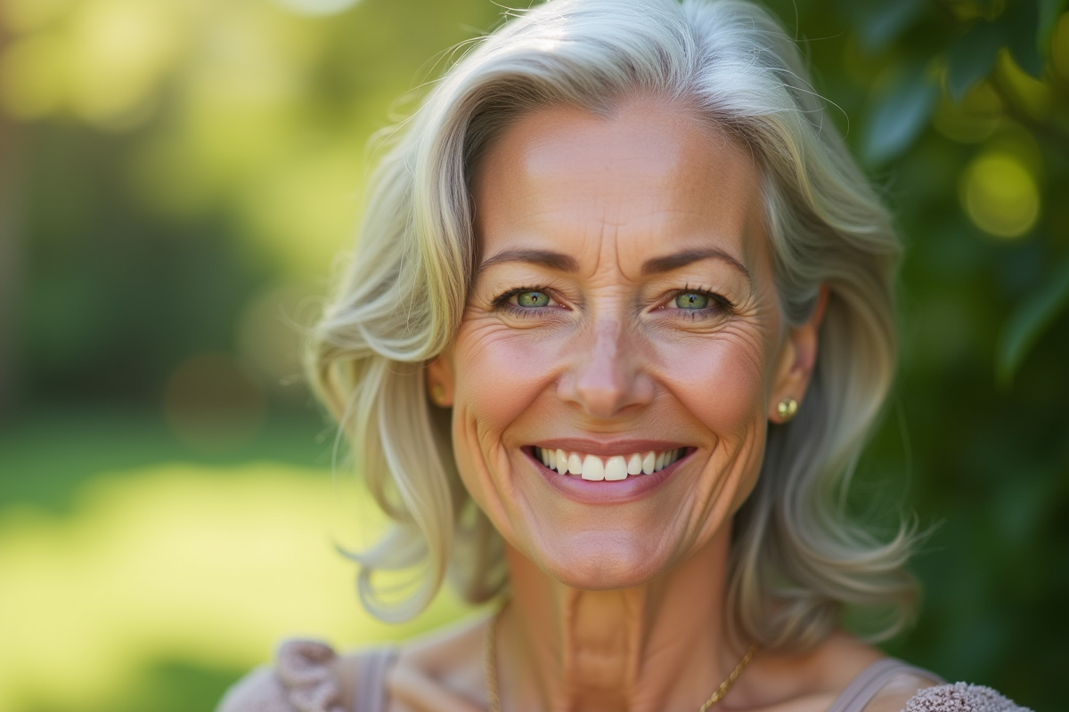 Femme d'une cinquantaine souriante en plein air avec peau éclatante