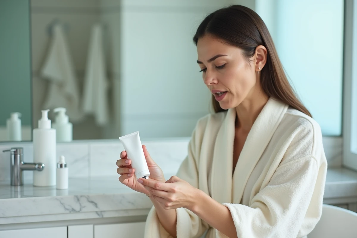 Femme lisant attentivement la notice d'une crème dermatologique dans une salle de bain, illustrant la surveillance des effets secondaires d'une crème Halcare