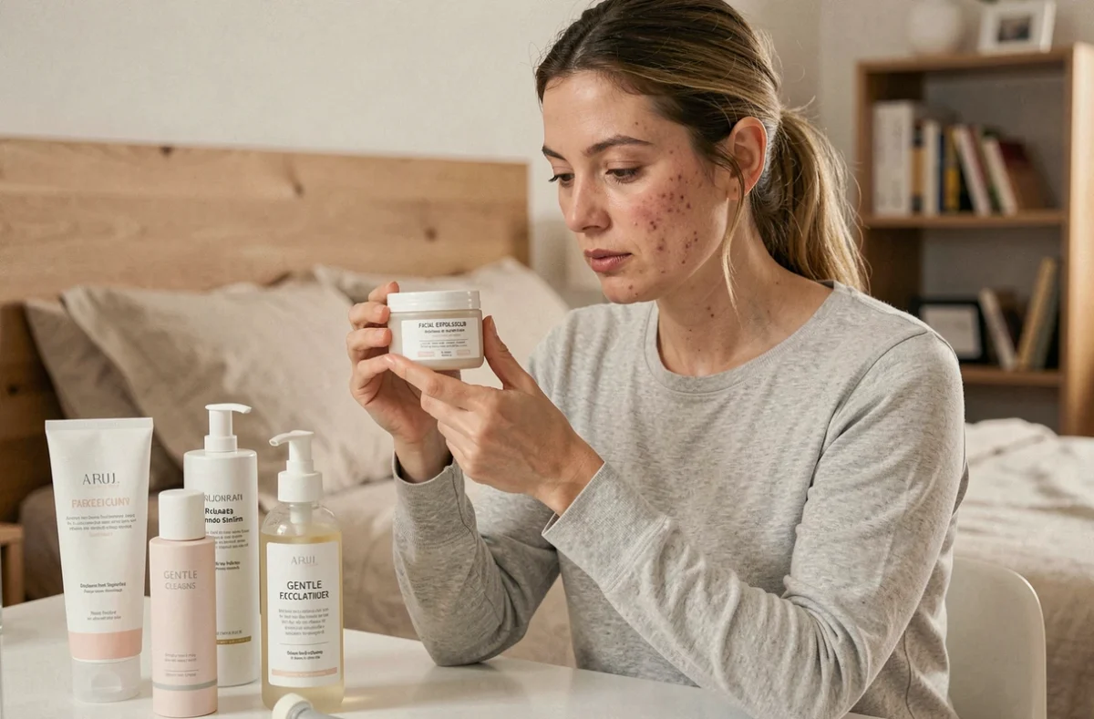 Femme lisant l'étiquette d'un produit gommant pour le visage posé sur une coiffeuse avec d'autres soins contre l'acné