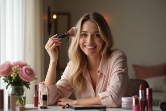 Femme souriante appliquant du maquillage au miroir
