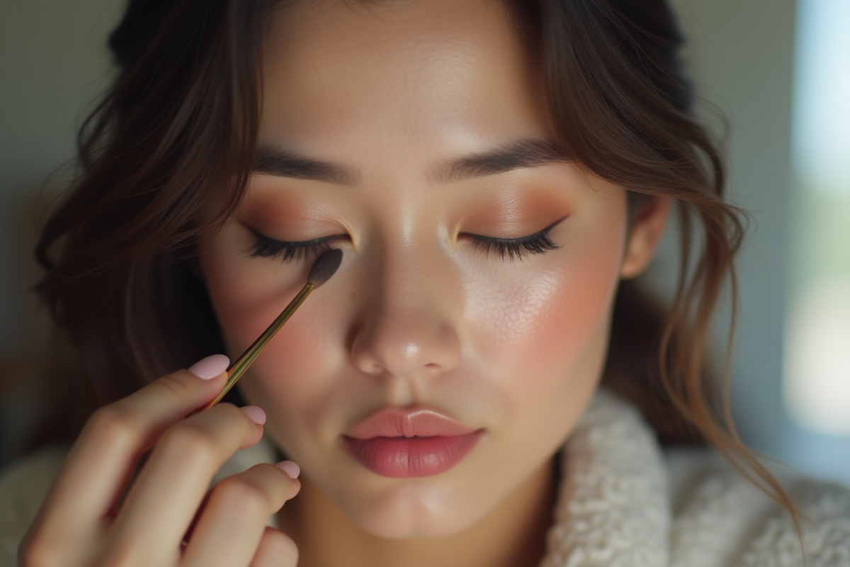 Femme appliquant maquillage luxe et budget en lumière naturelle