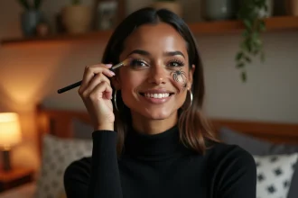 Femme souriante appliquant un maquillage spiderweb