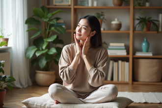 Femme sereine se massant le visage dans un intérieur naturel