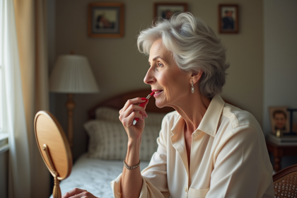 Femme mature appliquant du rouge à lèvres dans sa chambre