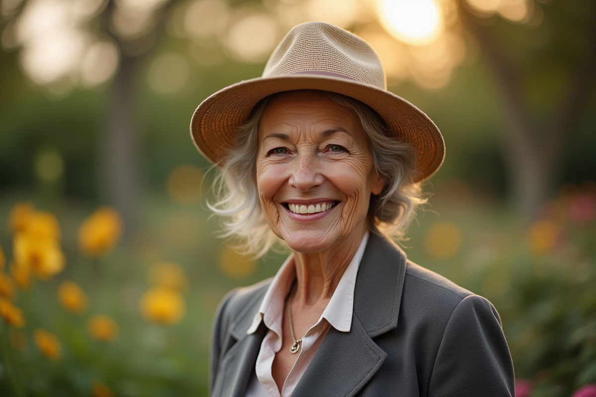 Femme de 67 ans dans un jardin en plein air