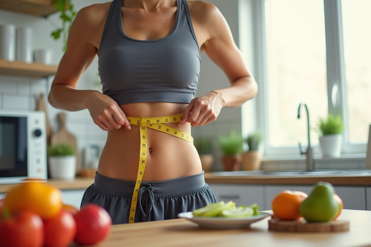 Femme en pleine santé mesurant son tour de taille dans une cuisine lumineuse