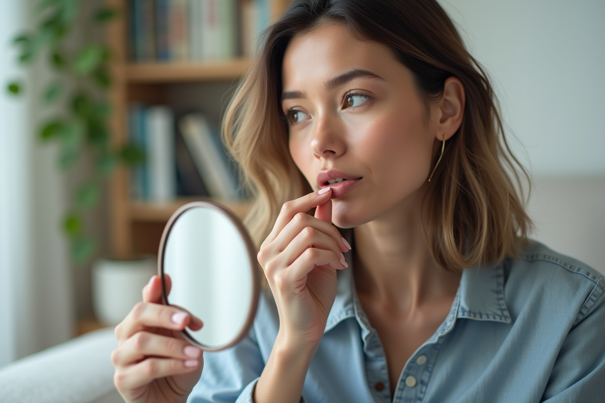 Femme regardant dans un miroir en matinée naturelle