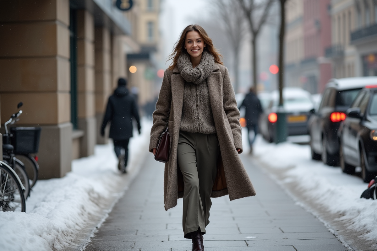 Femme élégante en manteau d'hiver dans la ville enneigée