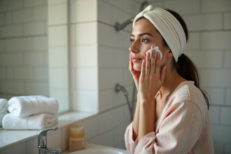 Femme en peignoir nettoyant son visage dans une salle de bain
