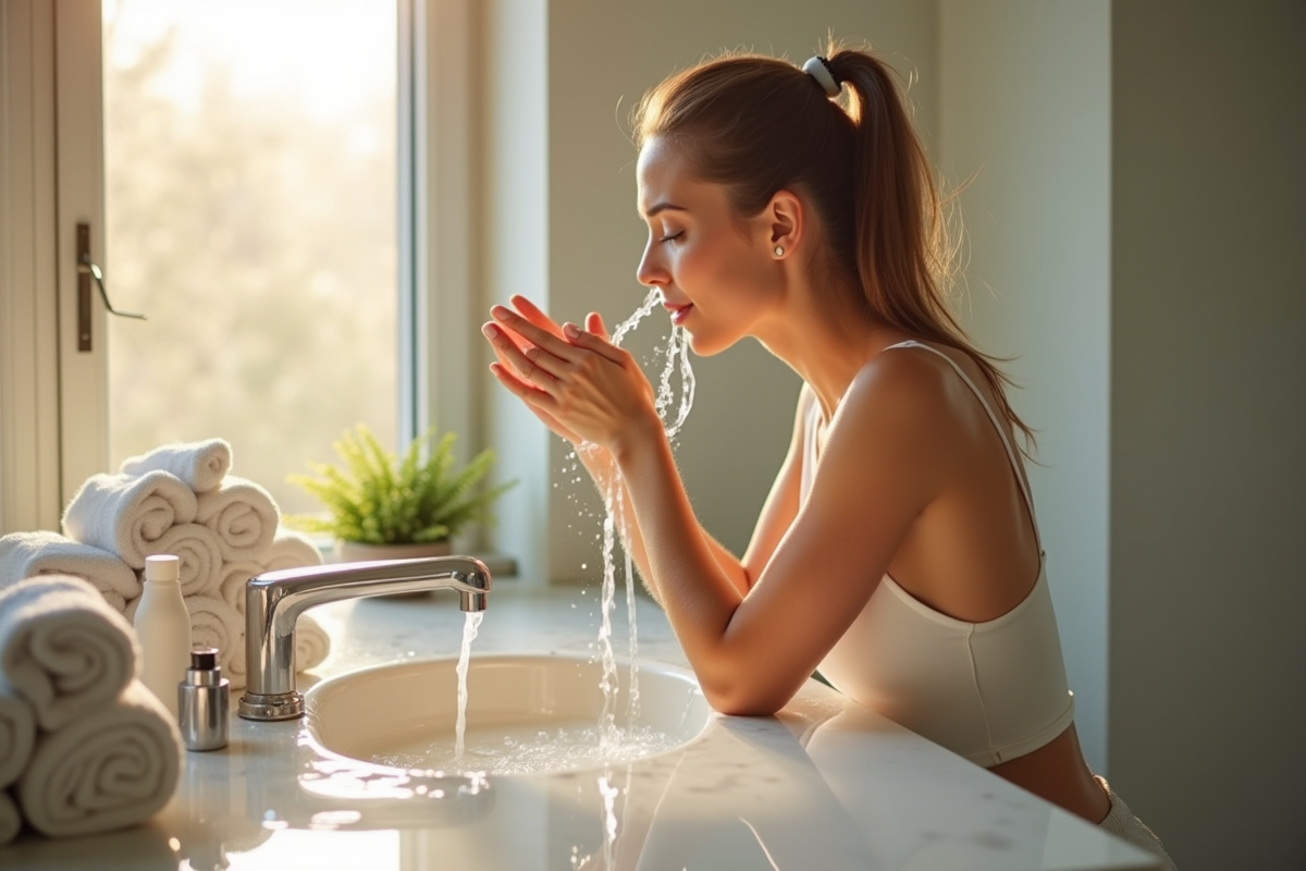 Femme se nettoyant le visage au matin dans la salle de bain