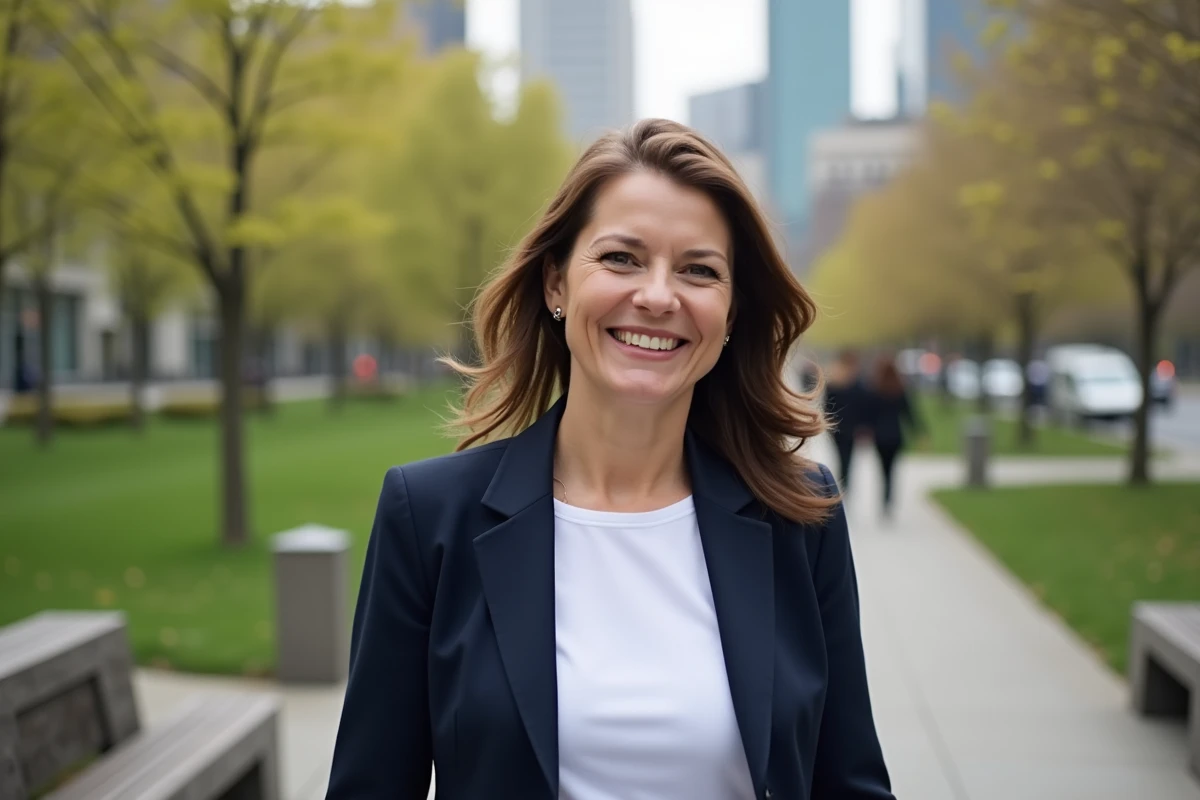 Femme confiante dans un parc urbain en marche