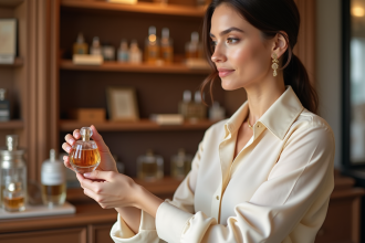 Femme testant un parfum dans une boutique élégante