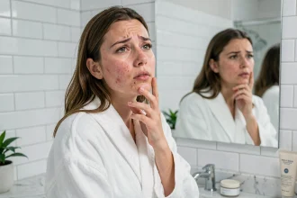 Jeune femme examinant sa peau acnéique dans un miroir de salle de bain avec des produits de gommage visibles sur le comptoir