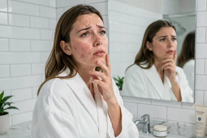 Jeune femme examinant sa peau acnéique dans un miroir de salle de bain avec des produits de gommage visibles sur le comptoir