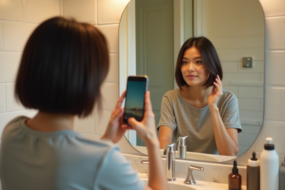 Femme photographiant sa nouvelle coupe de cheveux au carré dans un miroir de salle de bain avec son smartphone