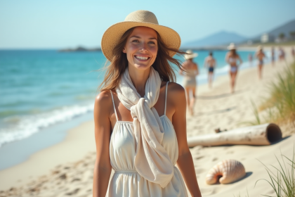 Femme souriante en robe en lin sur la plage