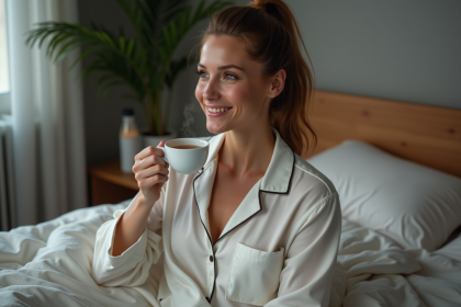 Femme détendue en pyjama buvant du thé dans une chambre moderne