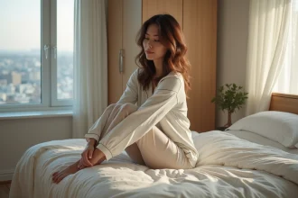 Femme en pyjamas coton s'étire dans son lit au matin