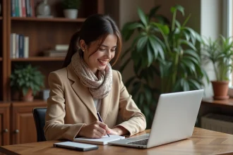 Jeune femme en blazer beige recherche parfum sur laptop
