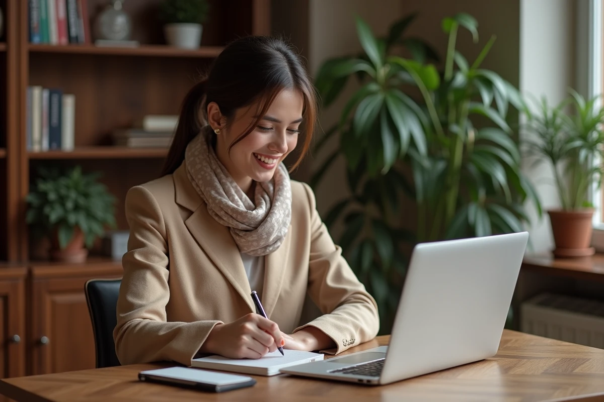 Jeune femme en blazer beige recherche parfum sur laptop