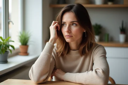 Femme pensant à ses cheveux dans un appartement parisien